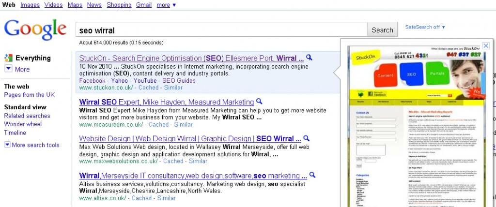Google Instant Preview for 'SEO Wirral'