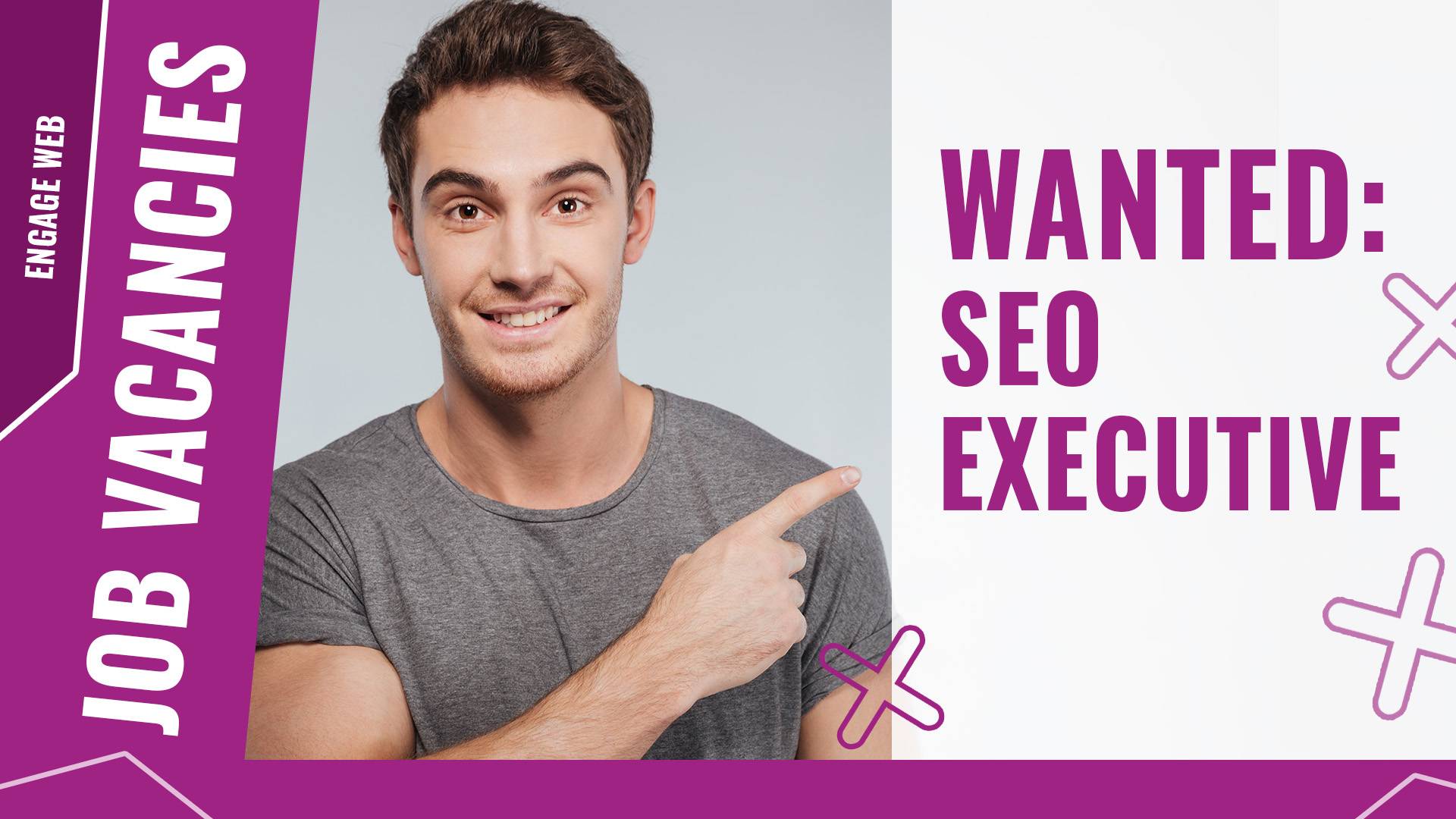 An image of a young man pointing to text that says 'wanted: seo executive'