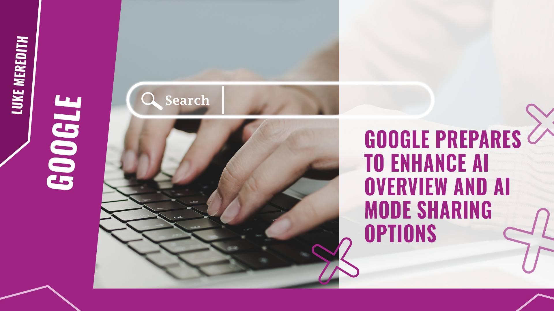 close-up photo of person typing on a laptop with a search bar overlay on top