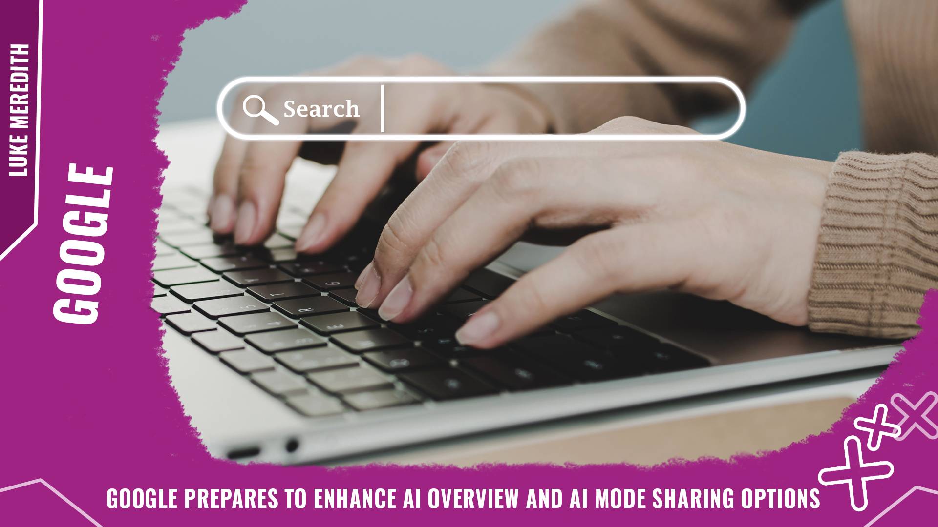 close-up photo of person typing on a laptop with a search bar overlay on top