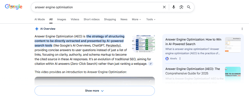 Answer Engine Optimisation (AEO) 1 A screenshot of Googles AI Overview for the search query "answer engine optimisation"